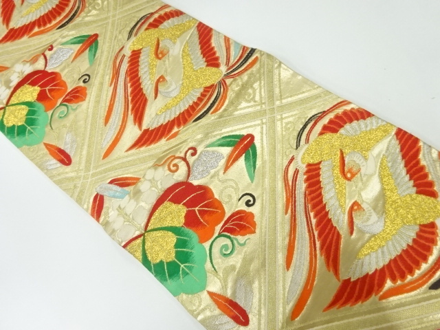 アンティーク　襷に向かい鳥・桐模様織出し袋帯（材料）